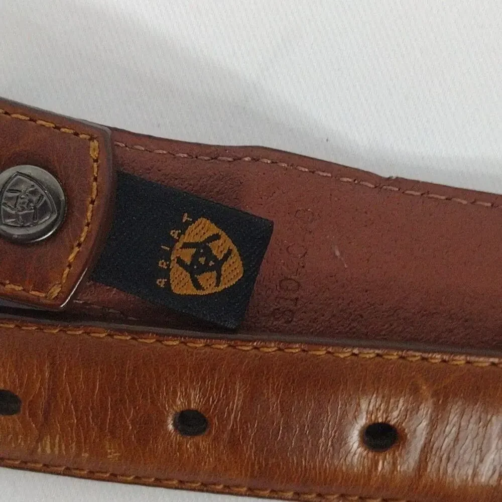 Ariat Belt Mens Medium Brown Leather Western Tooled Scroll Buckle Studded